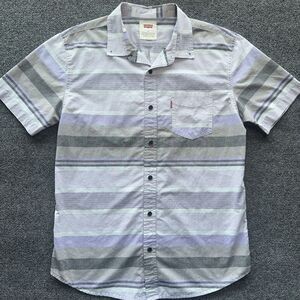 Levi's Button Shirt Men M Wide Stripe Gray Pink Purple Levis Tab Logo Stitch